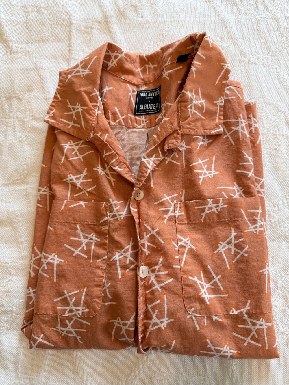 Todd Snyder Orange Printed Short-Sleeve Button-Down Shirt Matchstick Design